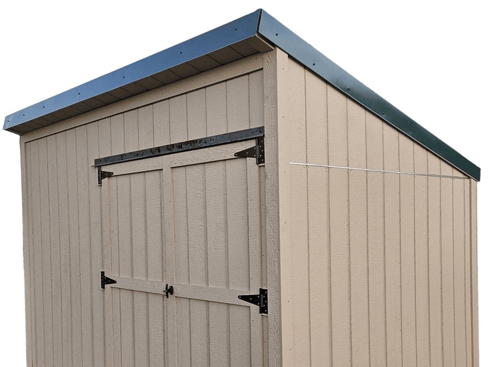 Wooden storage shed with metal roof trim.
